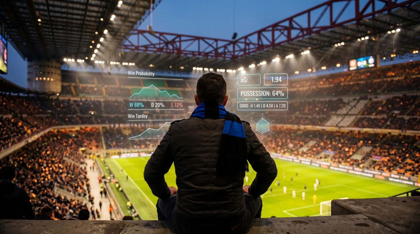 Photo of a fan looking out over a floodlit stadium with floating match analytics overlays.
